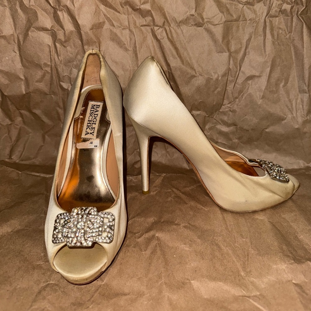 Badgley Mischka Ivory Jeweled Peep-Toe Heels